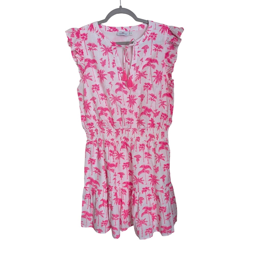 Vineyard Vines Palms and Plumeria Smocked Mini Dress Pink White Size Medium